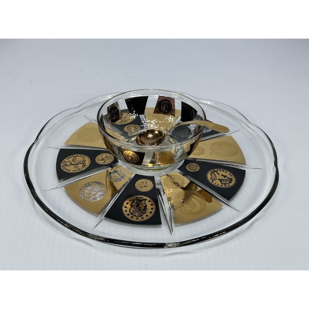 VINTAGE CORA Black Gold‎ Chip and Dip Serving Tray Spoon Relish Fruit Shows Wear